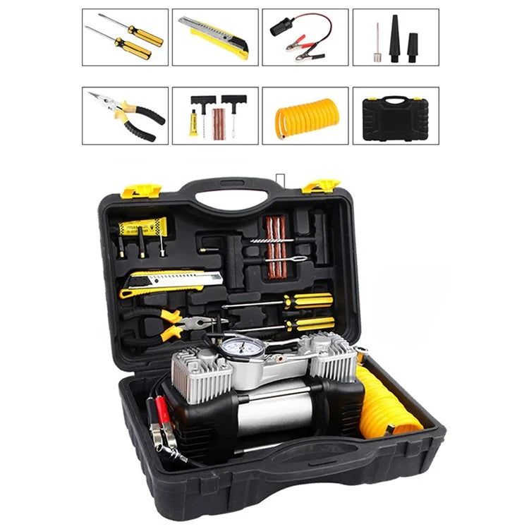 Double Cylinder Air Pump Screwdriver Car Tire Repair Tool Set with Storage Box