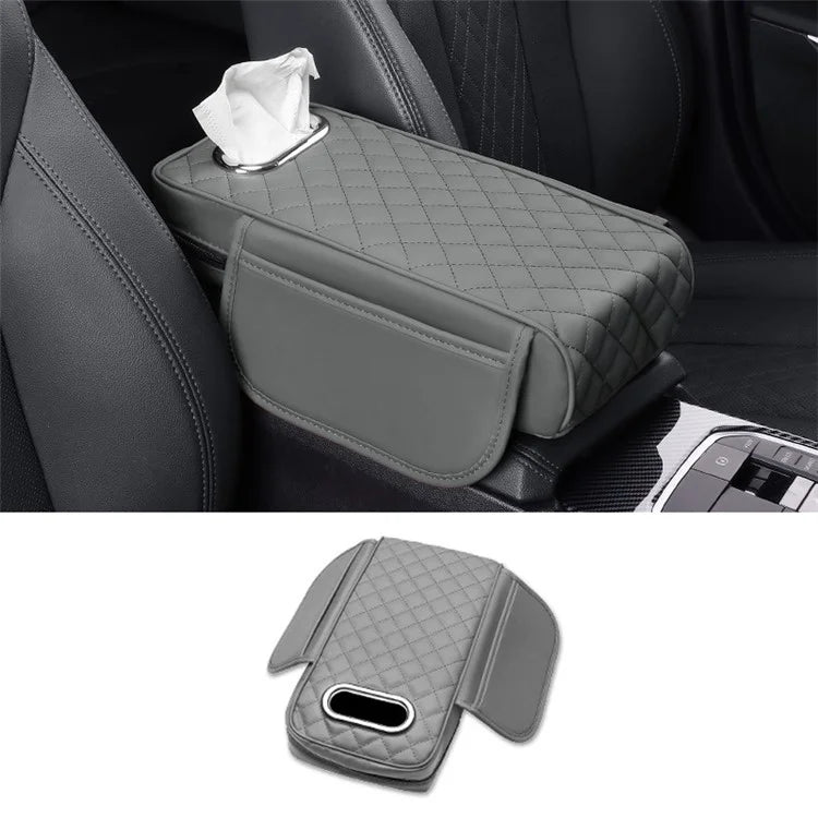 Car Armrest Box Cushion Pad PU Leather Tissue Holder Box with Side Pockets