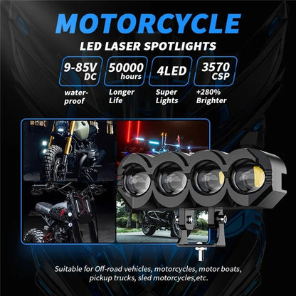 Motorcycle 4-LED Headlight Waterproof White+Yellow Light Motorbike Spotlight Front Lamp