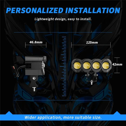 Motorcycle 4-LED Headlight Waterproof White+Yellow Light Motorbike Spotlight Front Lamp