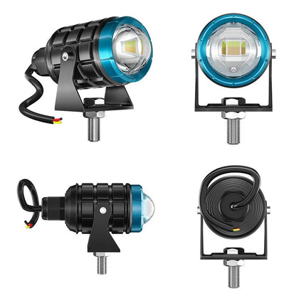 Motorcycle LED Spotlight White+Yellow High Low Beam Light Waterproof Motorbike Headlight