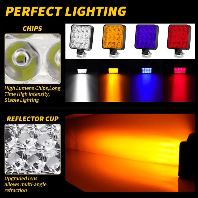 48W 12V 16-LED Car Driving Work Light Waterproof Square Car Off-Road Headlight