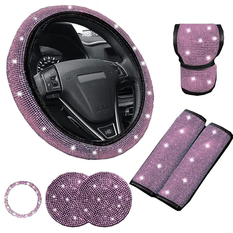 7Pcs / Set Shiny Rhinestones Car Steering Wheel Safety Belt Shifter Cover Cup Mat Start Button Ring Kit