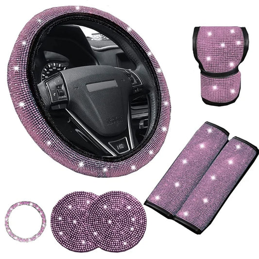 7Pcs / Set Shiny Rhinestones Car Steering Wheel Safety Belt Shifter Cover Cup Mat Start Button Ring Kit