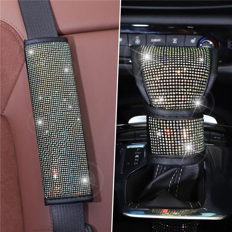7Pcs / Set Shiny Rhinestones Car Steering Wheel Safety Belt Shifter Cover Cup Mat Start Button Ring Kit
