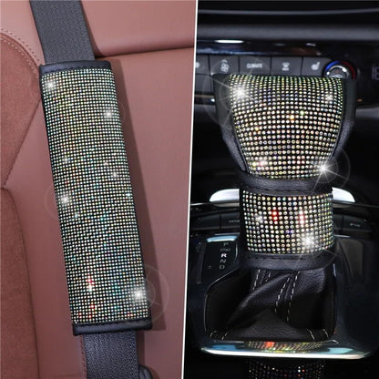 7Pcs / Set Shiny Rhinestones Car Steering Wheel Safety Belt Shifter Cover Cup Mat Start Button Ring Kit