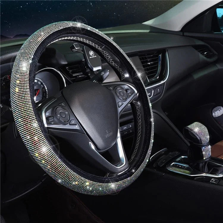 7Pcs / Set Shiny Rhinestones Car Steering Wheel Safety Belt Shifter Cover Cup Mat Start Button Ring Kit