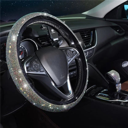 7Pcs / Set Shiny Rhinestones Car Steering Wheel Safety Belt Shifter Cover Cup Mat Start Button Ring Kit
