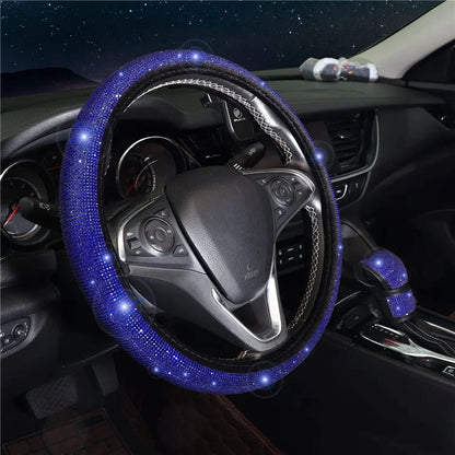 7Pcs / Set Shiny Rhinestones Car Steering Wheel Safety Belt Shifter Cover Cup Mat Start Button Ring Kit