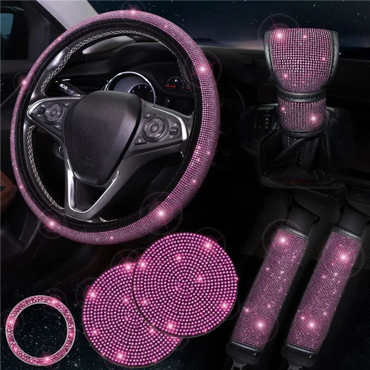 7Pcs / Set Shiny Rhinestones Car Steering Wheel Safety Belt Shifter Cover Cup Mat Start Button Ring Kit