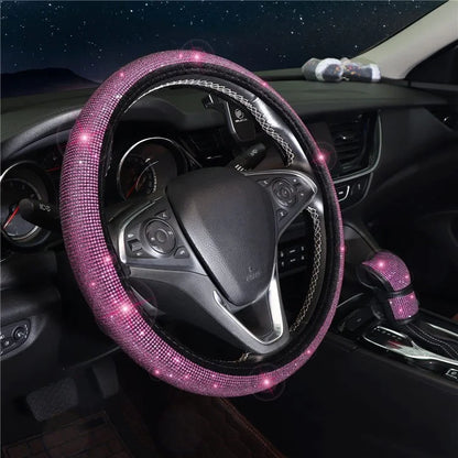 7Pcs / Set Shiny Rhinestones Car Steering Wheel Safety Belt Shifter Cover Cup Mat Start Button Ring Kit