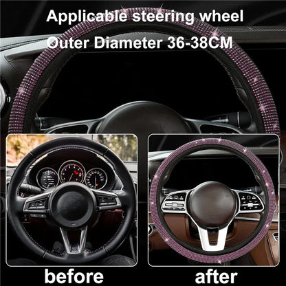 7Pcs / Set Shiny Rhinestones Car Steering Wheel Safety Belt Shifter Cover Cup Mat Start Button Ring Kit