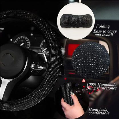 7Pcs / Set Shiny Rhinestones Car Steering Wheel Safety Belt Shifter Cover Cup Mat Start Button Ring Kit