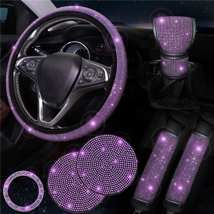 7Pcs / Set Shiny Rhinestones Car Steering Wheel Safety Belt Shifter Cover Cup Mat Start Button Ring Kit