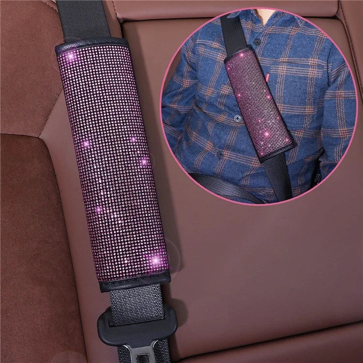 7Pcs / Set Shiny Rhinestones Car Steering Wheel Safety Belt Shifter Cover Cup Mat Start Button Ring Kit