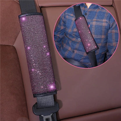 7Pcs / Set Shiny Rhinestones Car Steering Wheel Safety Belt Shifter Cover Cup Mat Start Button Ring Kit