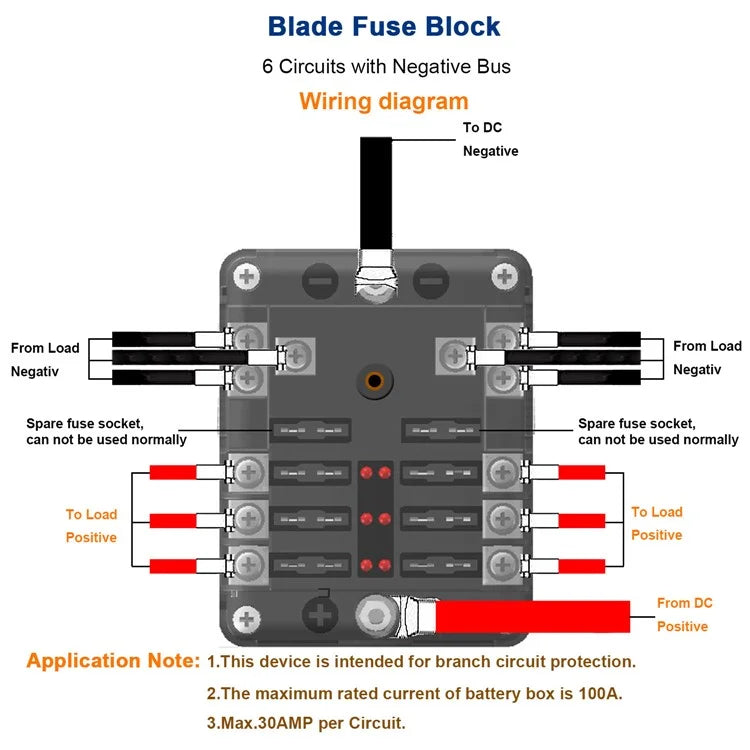 WUPP CS-3394A1 6 Way Blade Fuse Block with Negative Bus LED Indicator for Car Boat Van SUV
