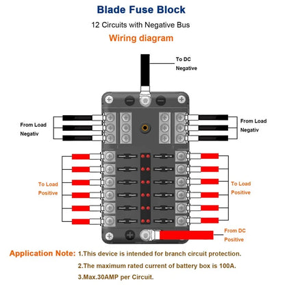 WUPP CS-339C1 12 Way Blade Fuse Block with Negative Bus LED Indicator for Car Boat Van SUV