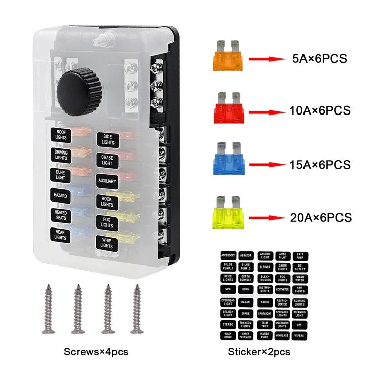 WUPP CS-339C1 12 Way Blade Fuse Block with Negative Bus LED Indicator for Car Boat Van SUV