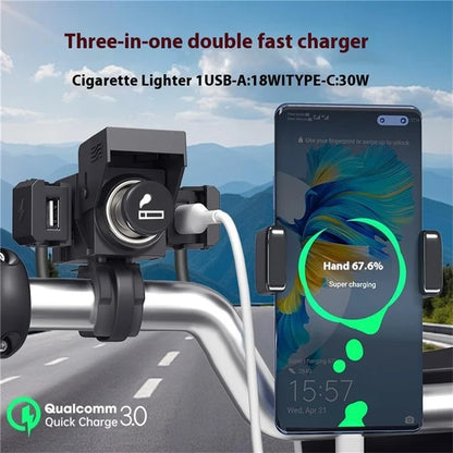 WUPP CS-1849C1 Motorcycle Charger QC3.0 USB-A+Type-C+Cigarette Lighter Handlebar Charger
