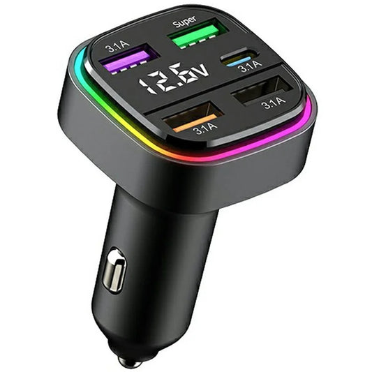 K34 5 Port USB Car Charger(4 USB+Type C) Cigarette Lighter Adapter with LED Display - Black