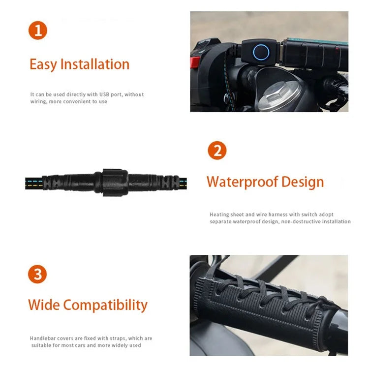 WUPP CSZH-1314B1 5V Strap-Style Motorcycle Heated Grips with Switch, IP67 Waterproof