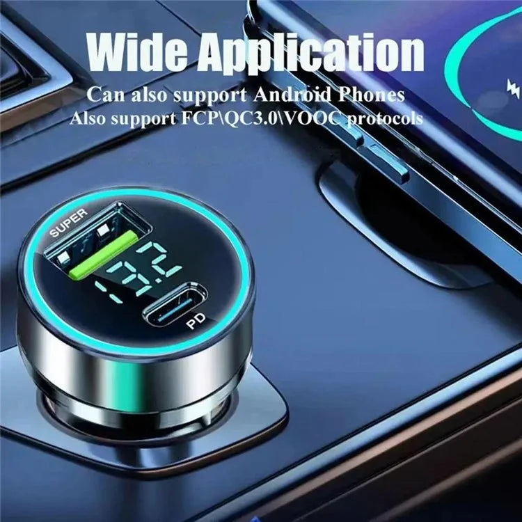 D3-PD Digital Display 120W Car Charger USB+Type-C Charging Adapter with 6A USB to Type-C Cable