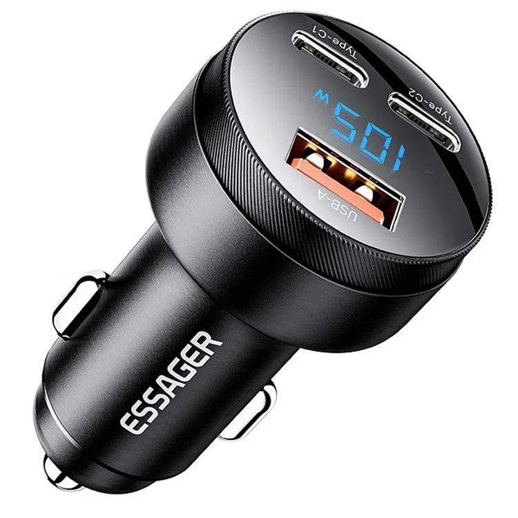 ESSAGER Aluminum Alloy 105W Phone Charger USB+Dual Type-C Car Charger