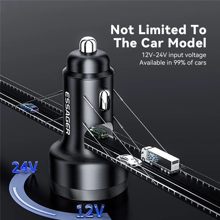 ESSAGER Aluminum Alloy 105W Phone Charger USB+Dual Type-C Car Charger