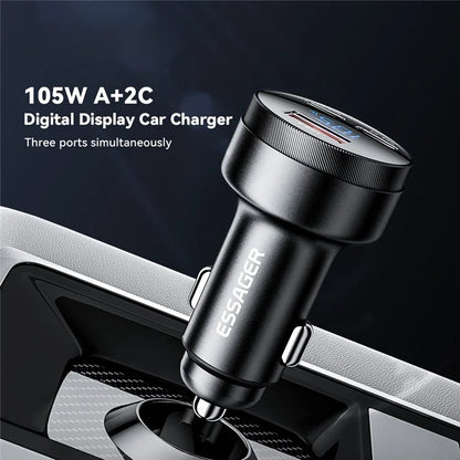 ESSAGER Aluminum Alloy 105W Phone Charger USB+Dual Type-C Car Charger
