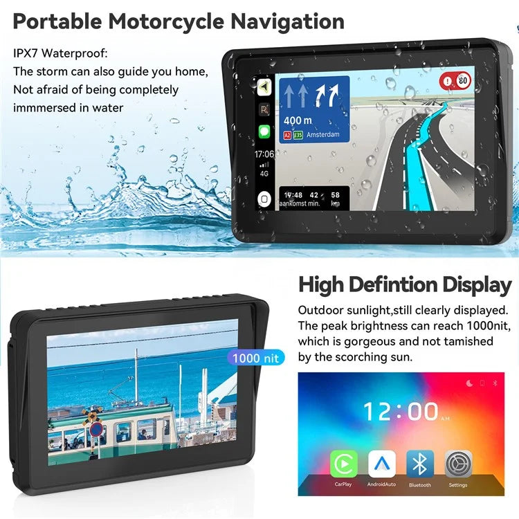 W512A 5 inch IPS Touch Screen Motorcycle Portable Car Stereo Screen with Wireless Carplay Android Auto