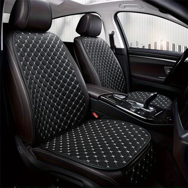 Anti-Slip Rhombus Embroidered Leather Car Front Seat Cushion + Backrest Pad Set