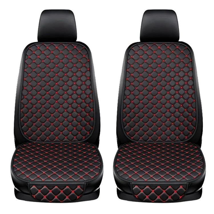 2 Sets Rhombus Embroidered Leather Car Front Seat Cushion + Backrest Pad Set