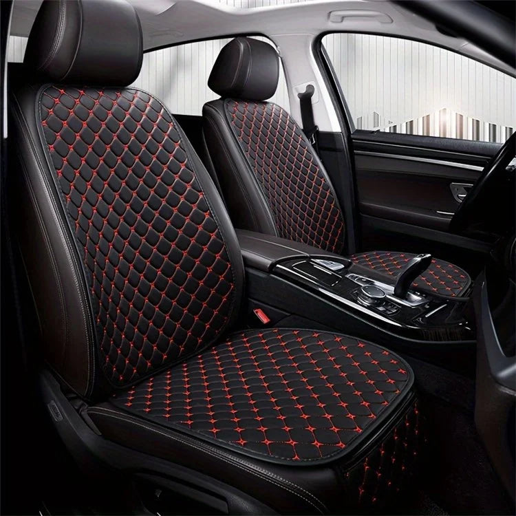2 Sets Rhombus Embroidered Leather Car Front Seat Cushion + Backrest Pad Set