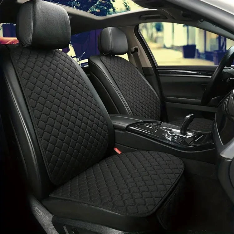 2 Sets Rhombus Embroidered Leather Car Front Seat Cushion + Backrest Pad Set