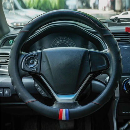 38CM O-Shaped Car Steering Wheel Cover Splicing Color Microfiber Leather Sleeve Protector