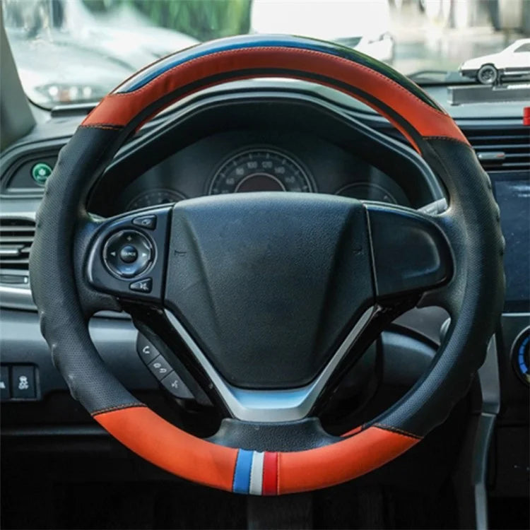 38CM O-Shaped Car Steering Wheel Cover Splicing Color Microfiber Leather Sleeve Protector