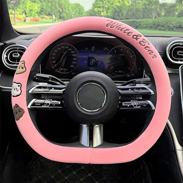 38cm D-shape Cartoon Bear Car Steering Wheel Cover Short Plush Warm Steering Wheel Sleeve