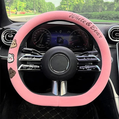38cm D-shape Cartoon Bear Car Steering Wheel Cover Short Plush Warm Steering Wheel Sleeve