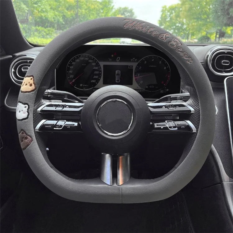 38cm D-shape Cartoon Bear Car Steering Wheel Cover Short Plush Warm Steering Wheel Sleeve