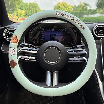 38cm Round Car Steering Wheel Cover Cartoon Bear Design Short Plush Warm Steering Wheel Sleeve