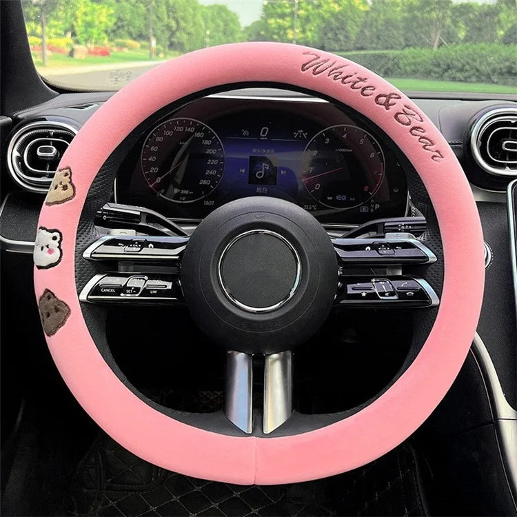 38cm Round Car Steering Wheel Cover Cartoon Bear Design Short Plush Warm Steering Wheel Sleeve