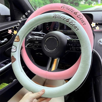 38cm Round Car Steering Wheel Cover Cartoon Bear Design Short Plush Warm Steering Wheel Sleeve