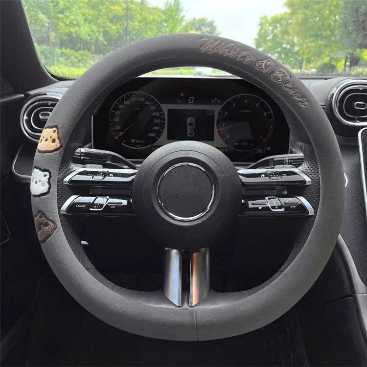 38cm Round Car Steering Wheel Cover Cartoon Bear Design Short Plush Warm Steering Wheel Sleeve
