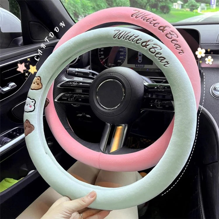 38cm Round Car Steering Wheel Cover Cartoon Bear Design Short Plush Warm Steering Wheel Sleeve