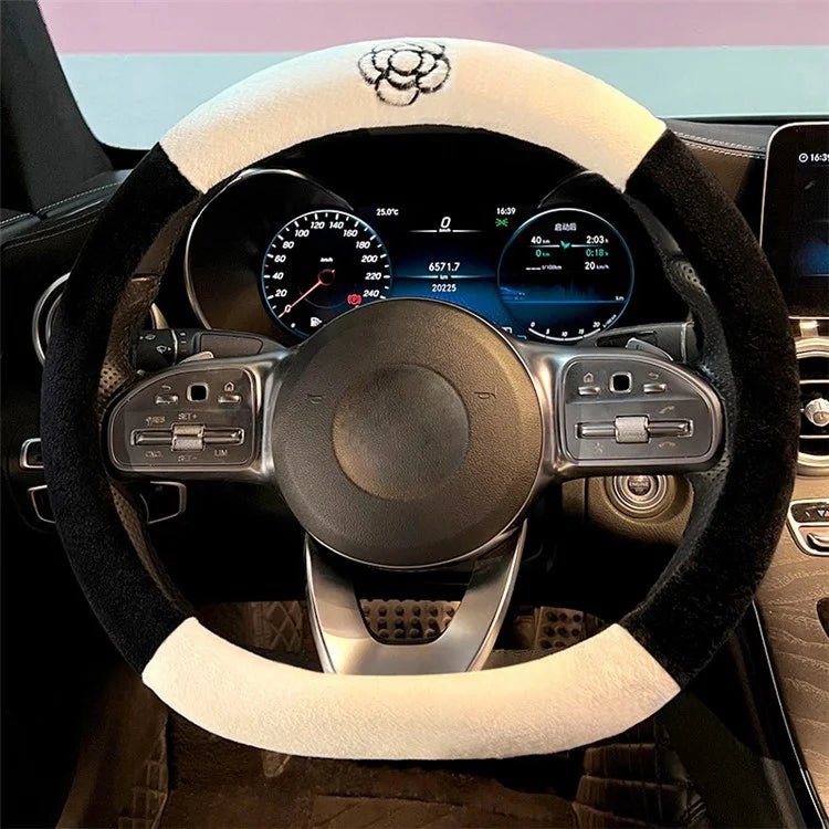 38cm D-shape Camellia Pattern Car Steering Wheel Cover Plush Warm Steering Wheel Sleeve