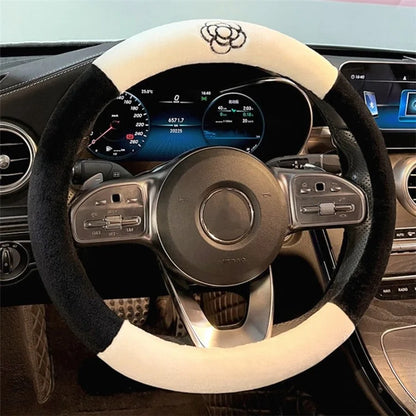 38cm Round Car Steering Wheel Cover Camellia Pattern Anti-skid Plush Steering Wheel Sleeve