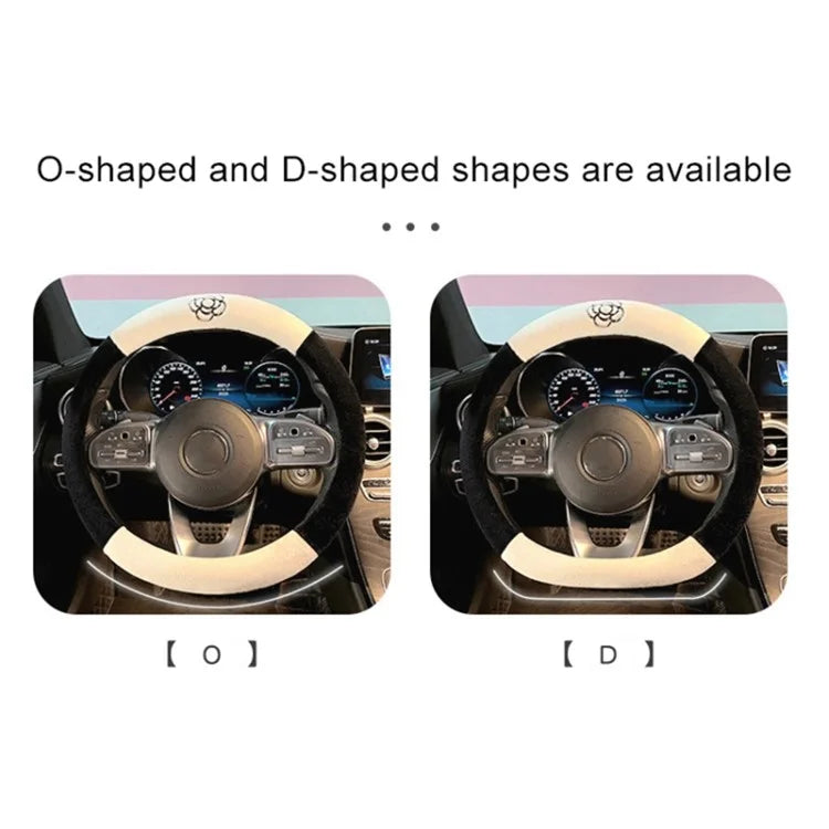 38cm Round Car Steering Wheel Cover Camellia Pattern Anti-skid Plush Steering Wheel Sleeve
