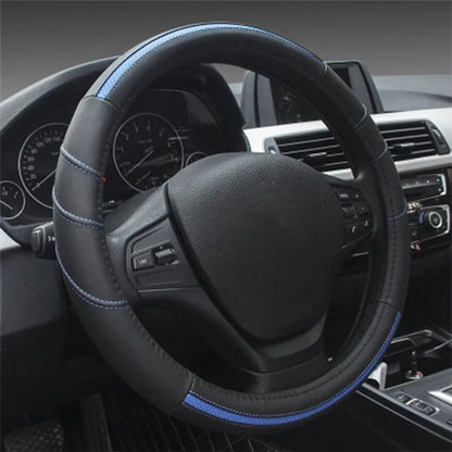 38cm Stylish Car Steering Wheel Cover Cowhide Leather Anti-skid Steering Wheel Sleeve+Blue