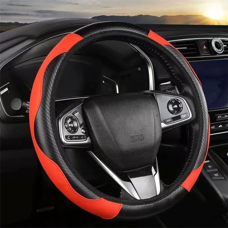 39cm Carbon Fiber Leather Steering Wheel Cover Anti-Slip Car Steering Wheel Protector